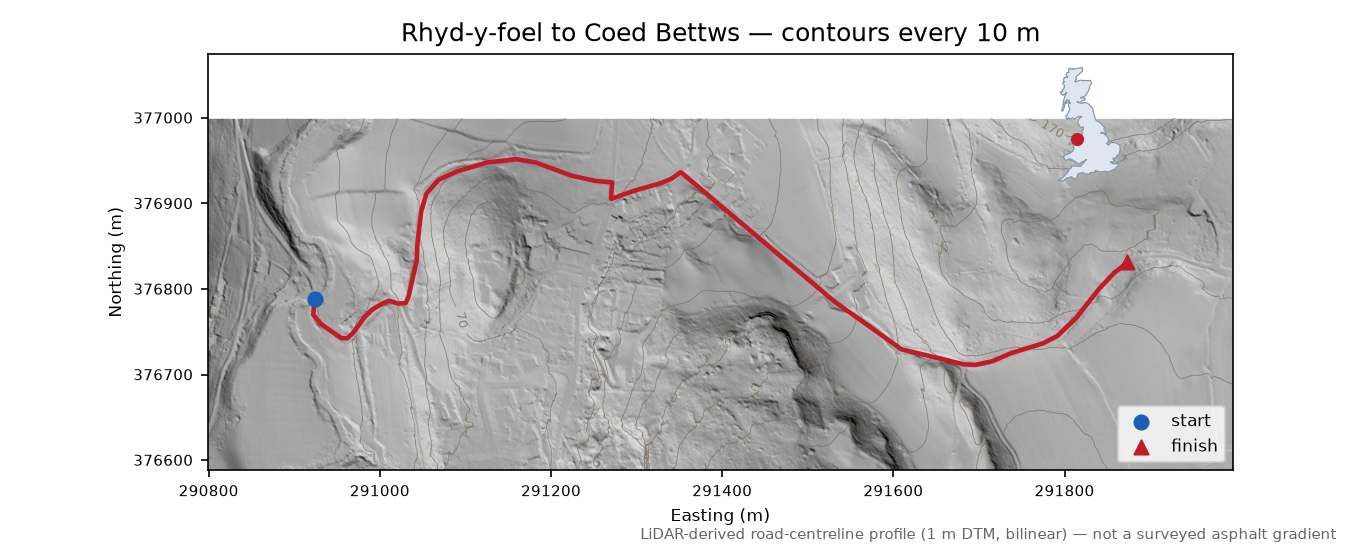 Rhyd-y-foel to Coed Bettws LiDAR hillshade map with contours
