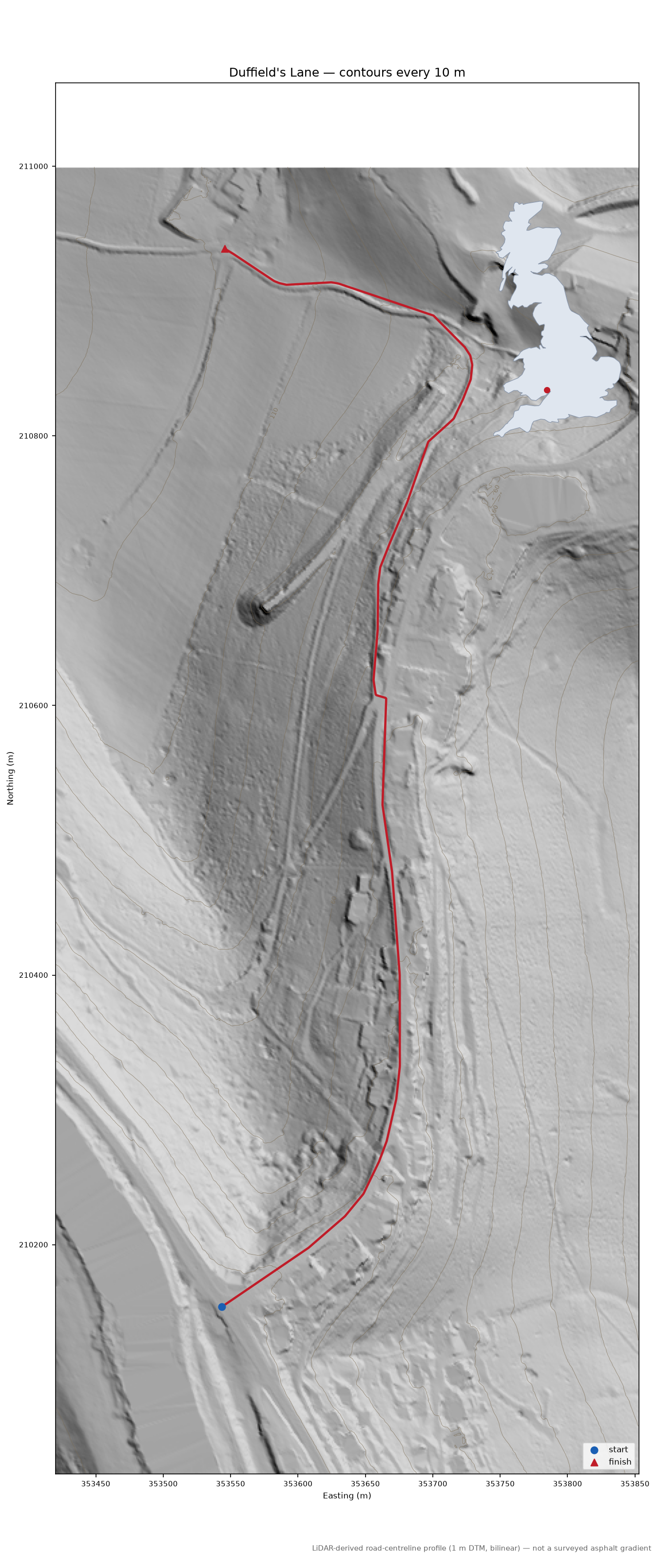 Duffield's Lane LiDAR hillshade map with contours