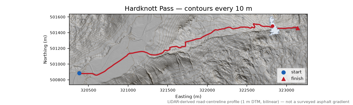 Hardknott Pass LiDAR hillshade map with contours