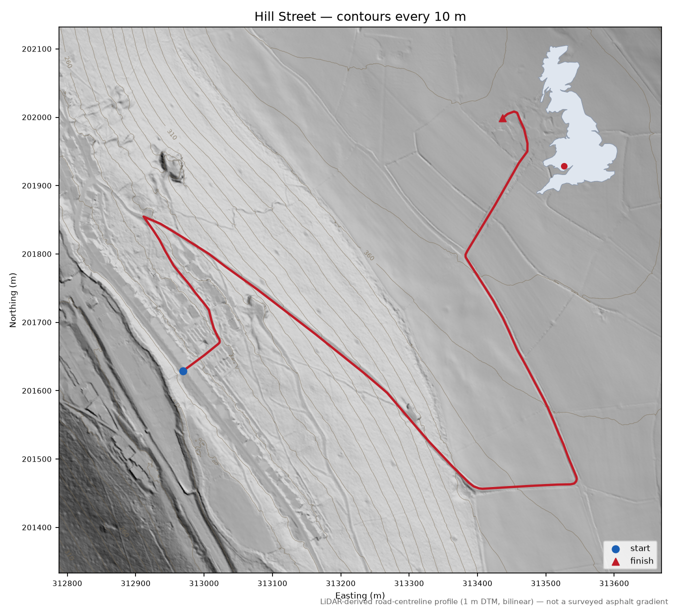 Hill Street LiDAR hillshade map with contours