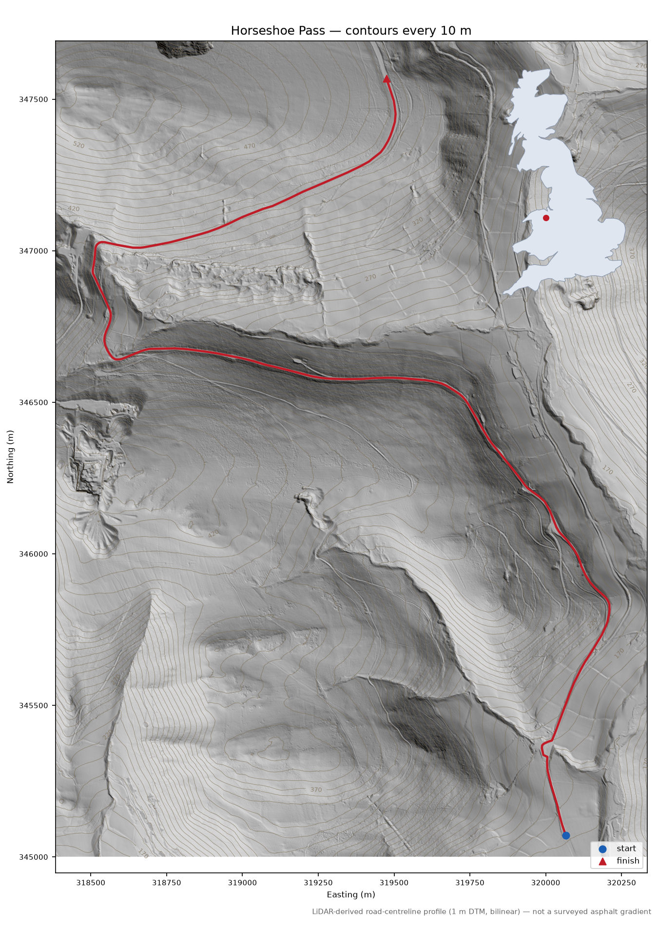 Horseshoe Pass LiDAR hillshade map with contours