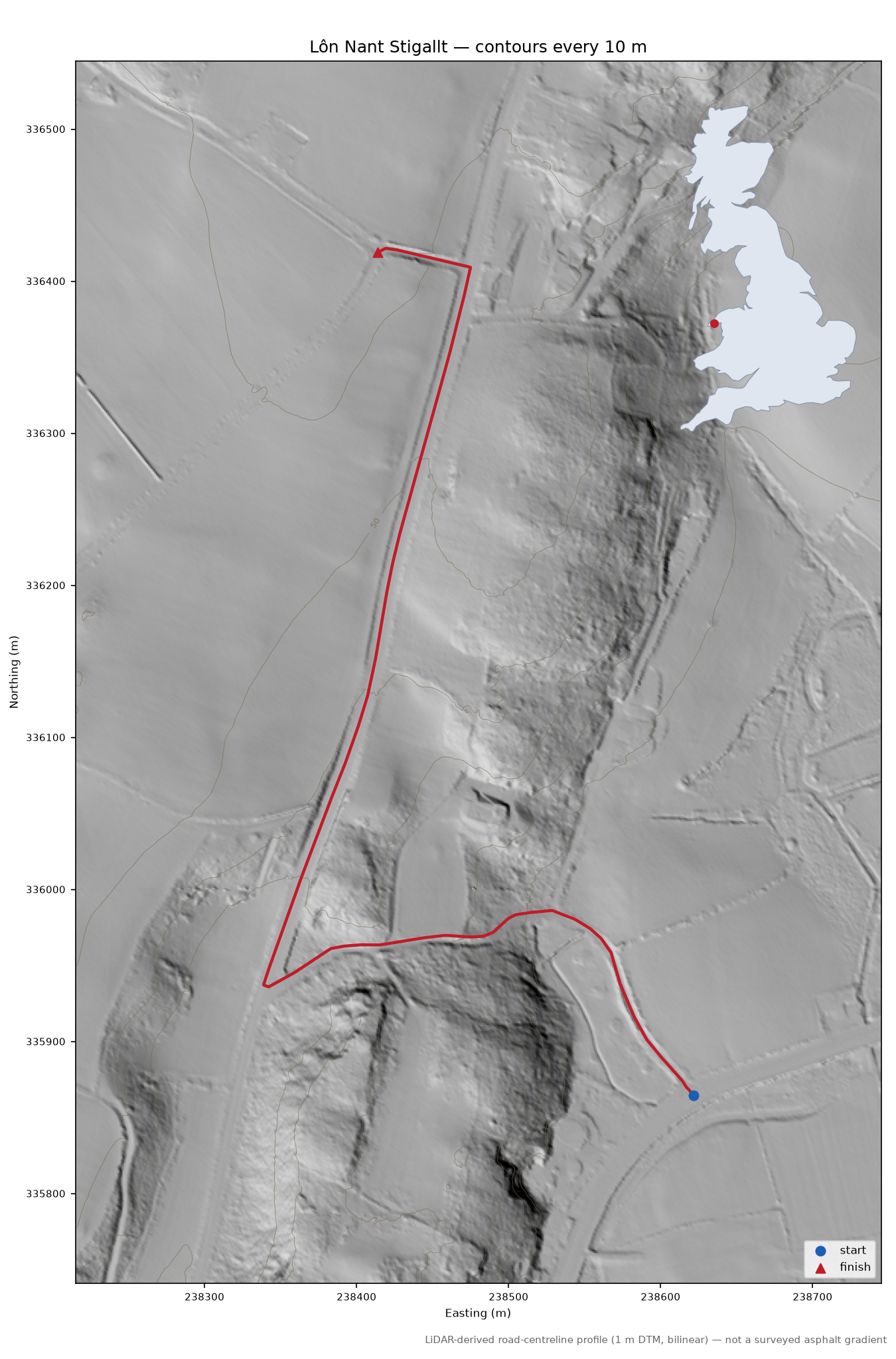 Lôn Nant Stigallt LiDAR hillshade map with contours