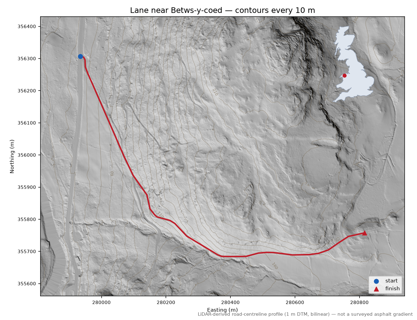 Lane near Betws-y-coed LiDAR hillshade map with contours