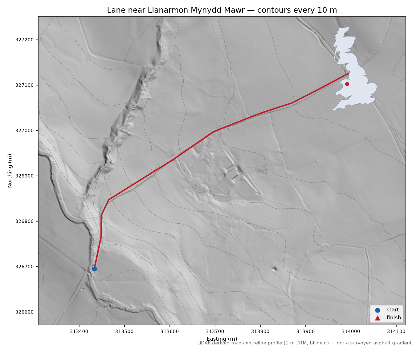 Lane near Llanarmon Mynydd Mawr LiDAR hillshade map with contours