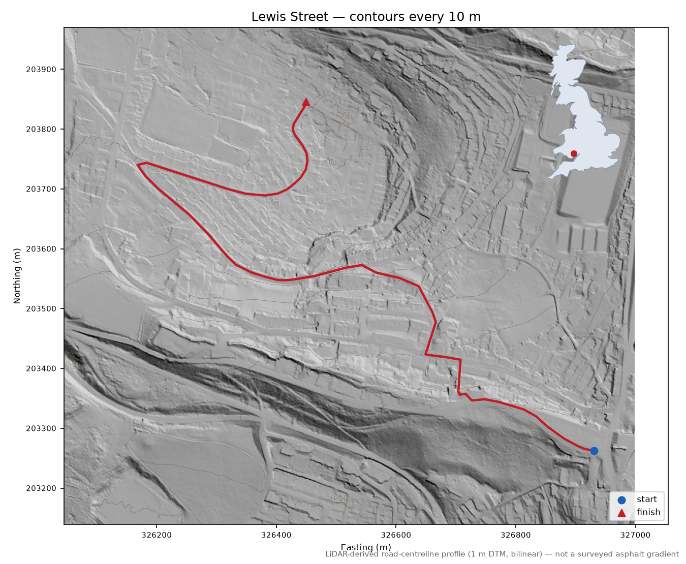 Lewis Street LiDAR hillshade map with contours
