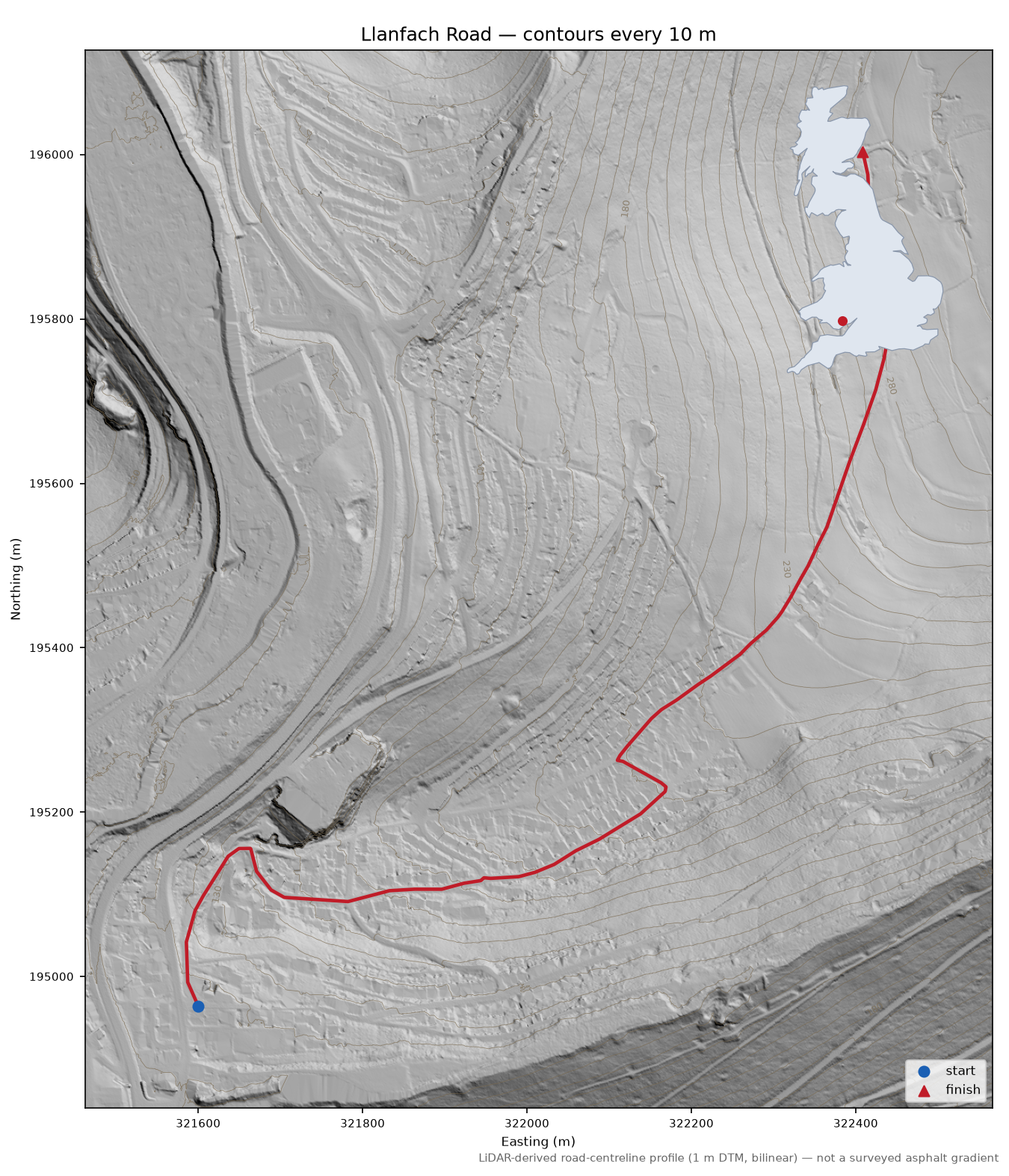 Llanfach Road LiDAR hillshade map with contours