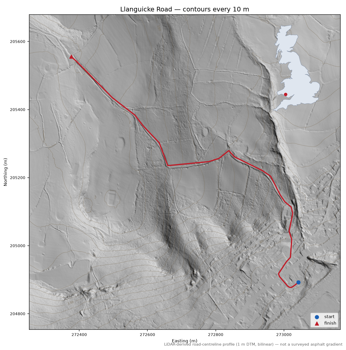 Llanguicke Road LiDAR hillshade map with contours