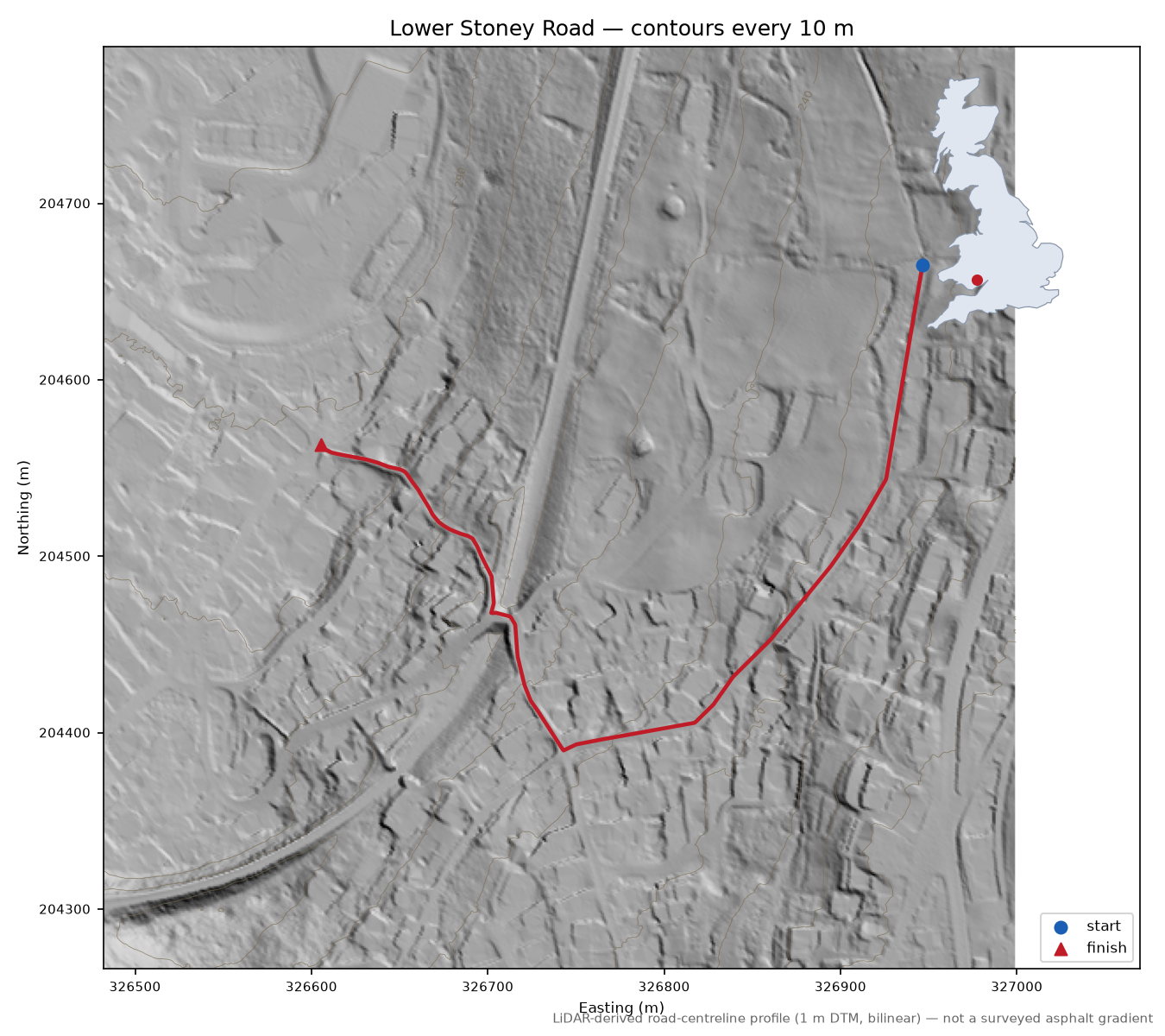 Lower Stoney Road LiDAR hillshade map with contours
