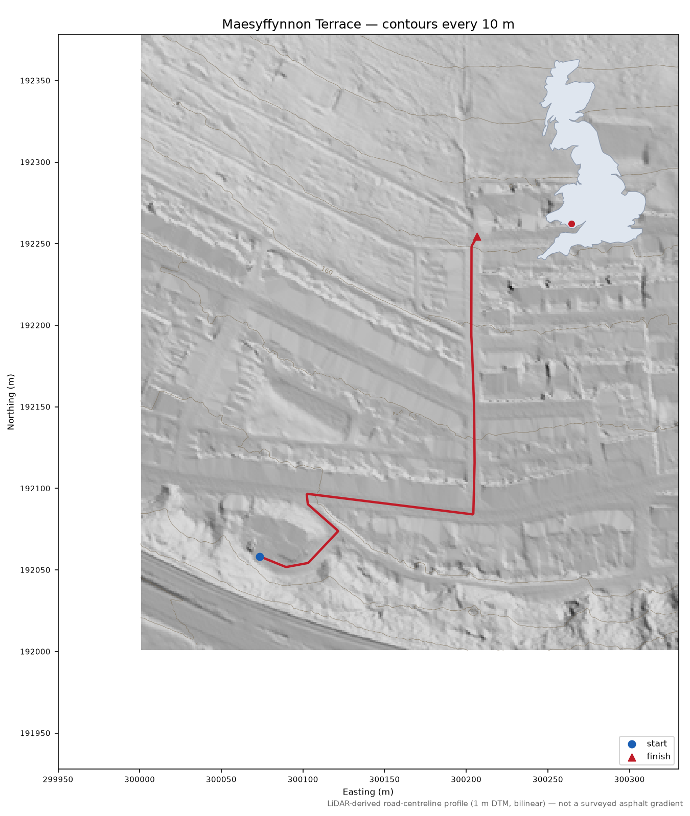 Maesyffynnon Terrace LiDAR hillshade map with contours