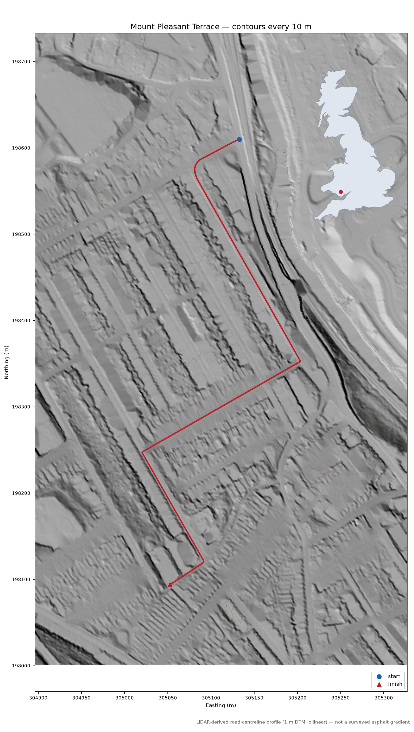 Mount Pleasant Terrace LiDAR hillshade map with contours