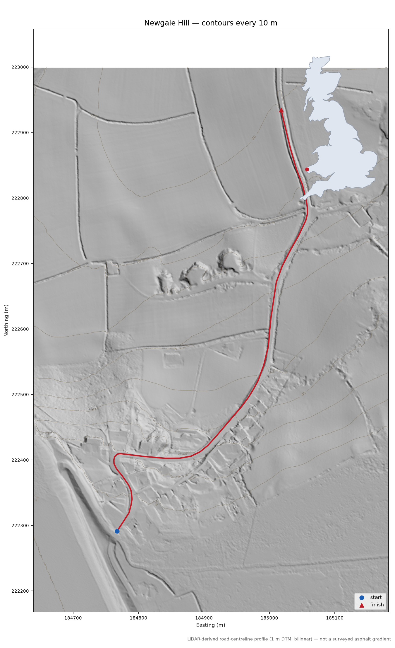 Newgale Hill LiDAR hillshade map with contours
