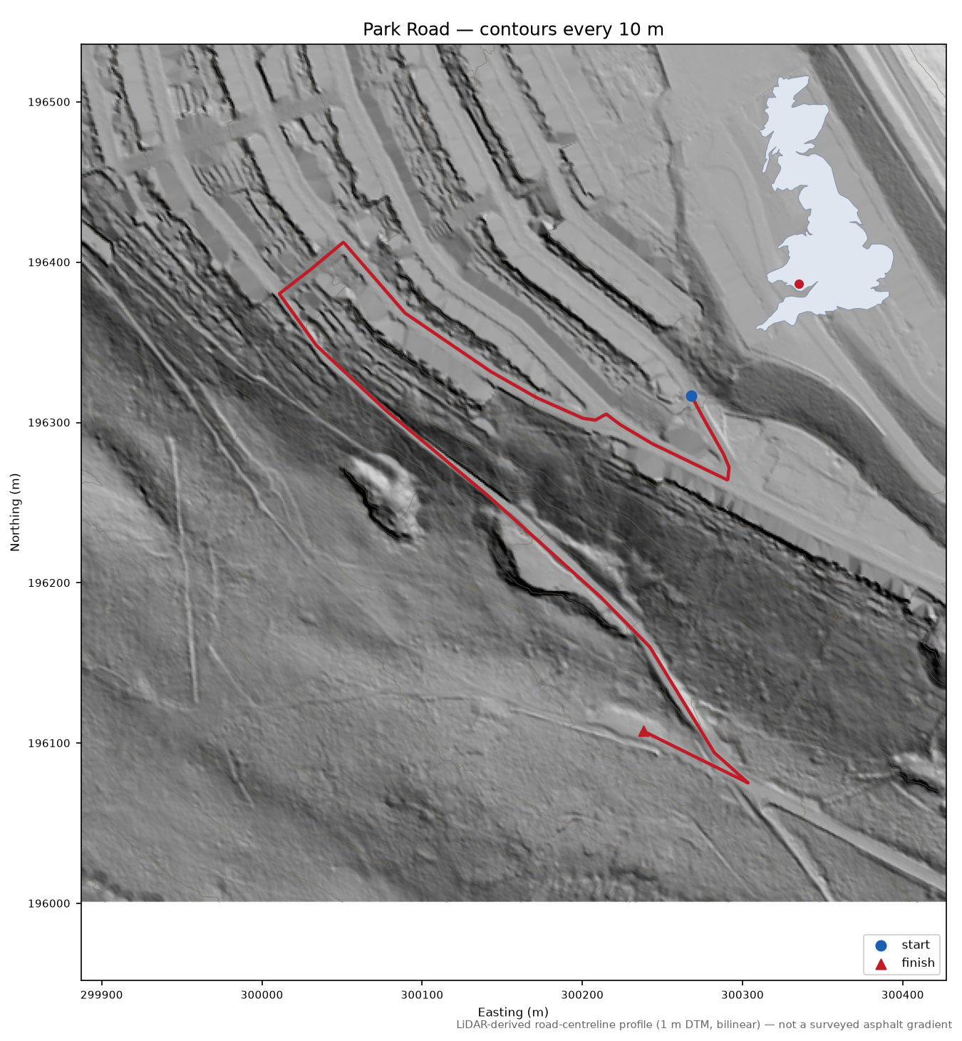 Park Road LiDAR hillshade map with contours