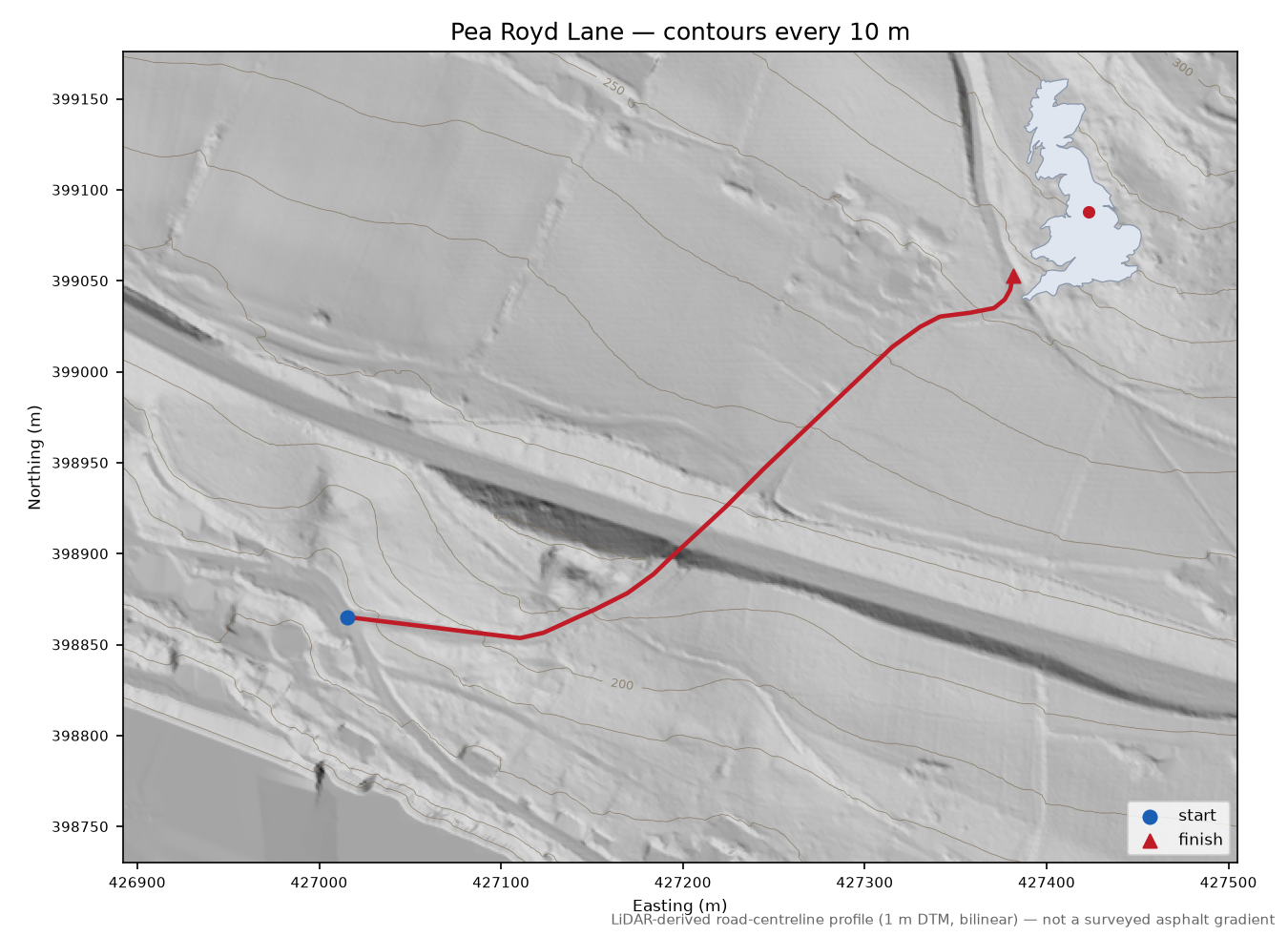 Pea Royd Lane LiDAR hillshade map with contours
