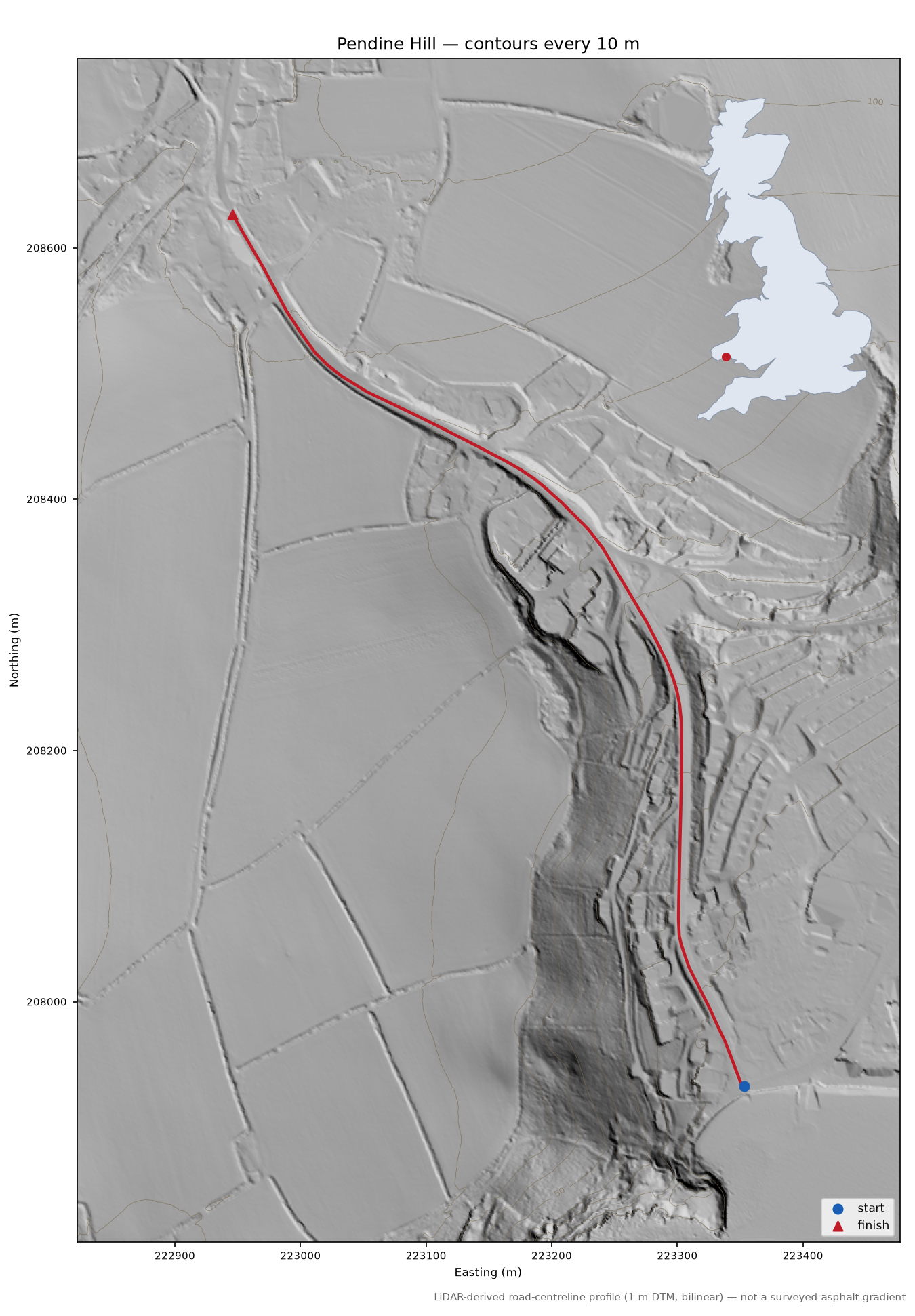 Pendine Hill LiDAR hillshade map with contours
