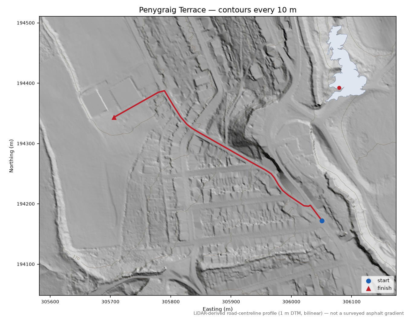 Penygraig Terrace LiDAR hillshade map with contours