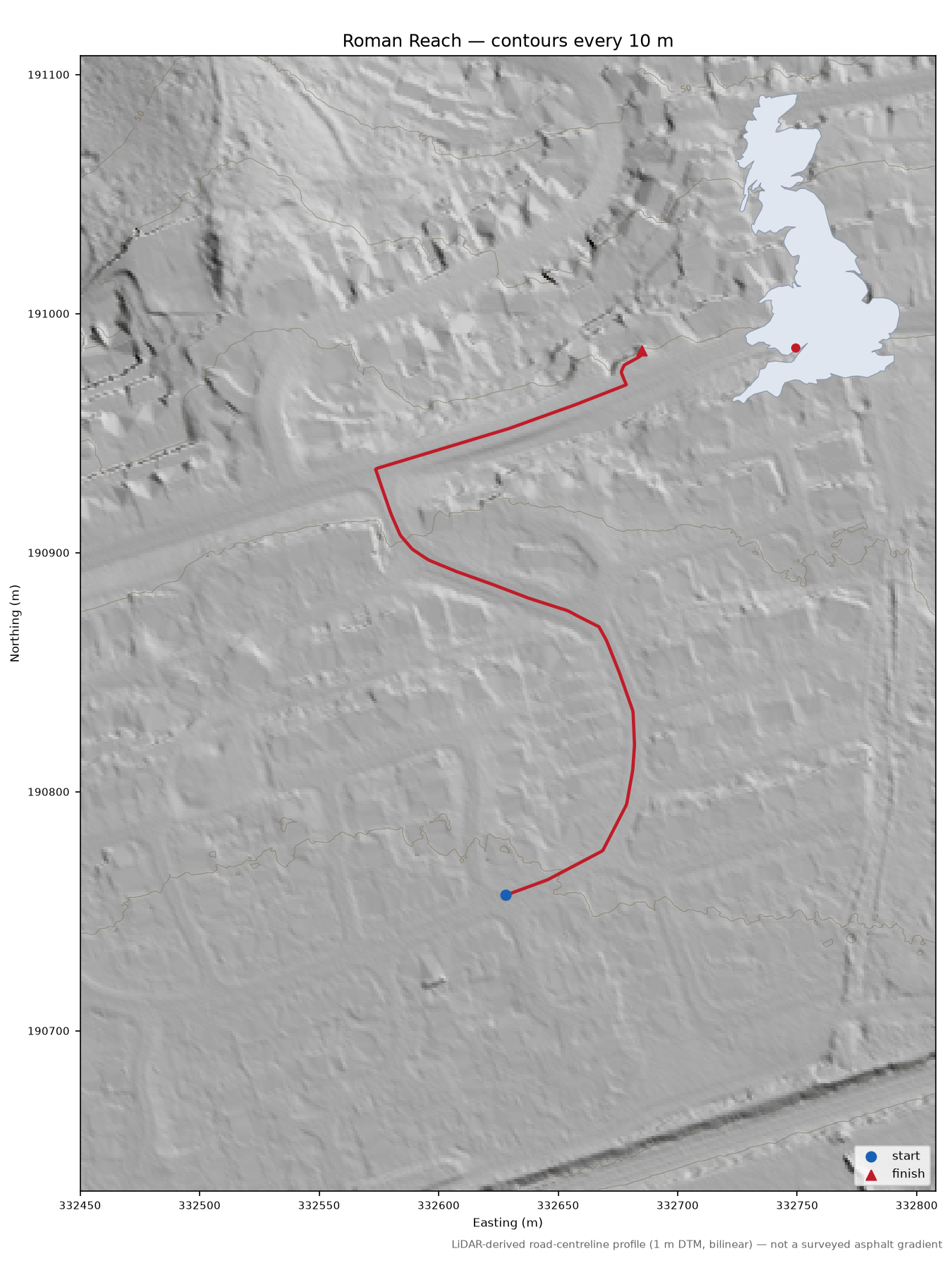 Roman Reach LiDAR hillshade map with contours