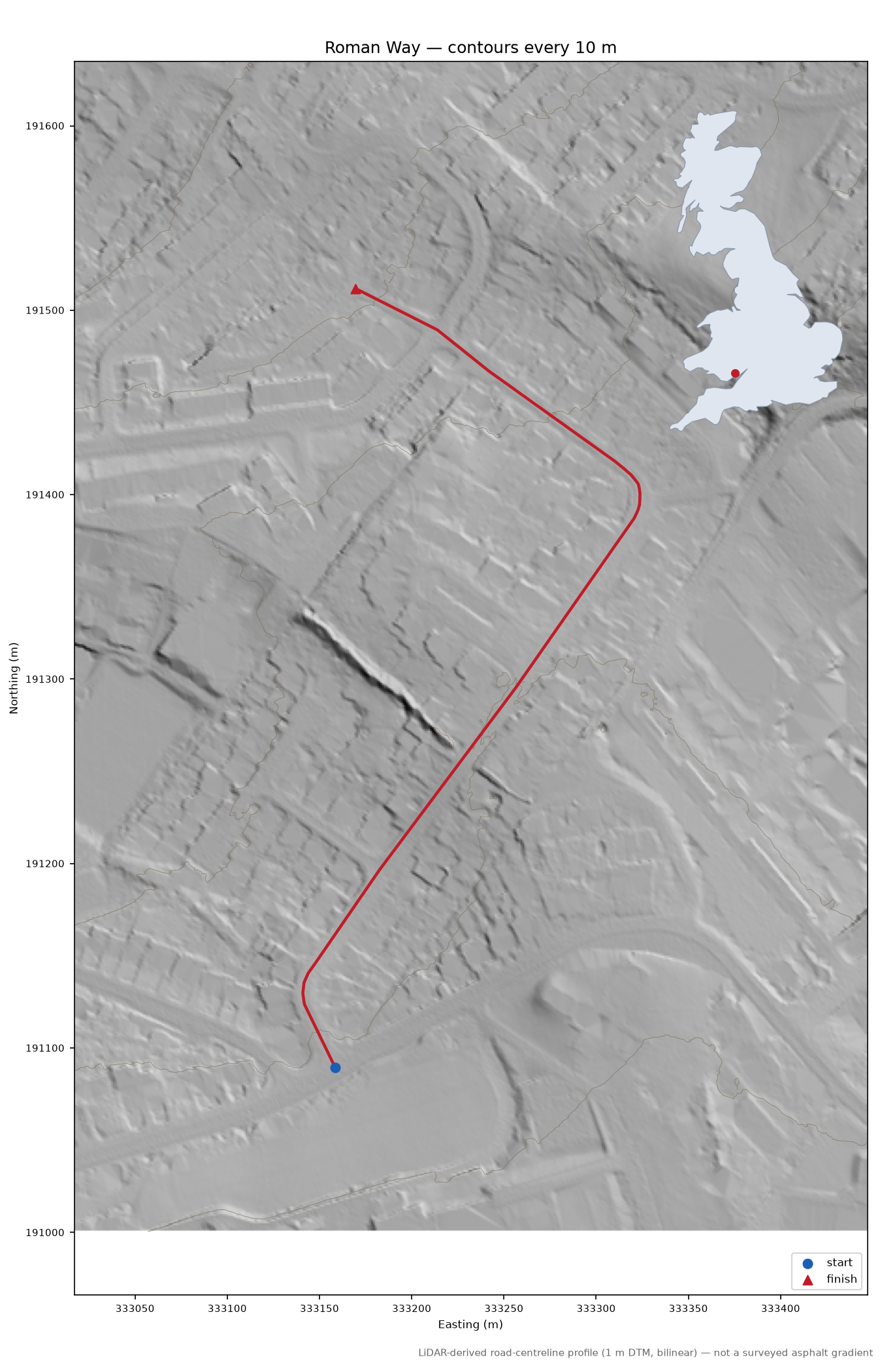 Roman Way LiDAR hillshade map with contours