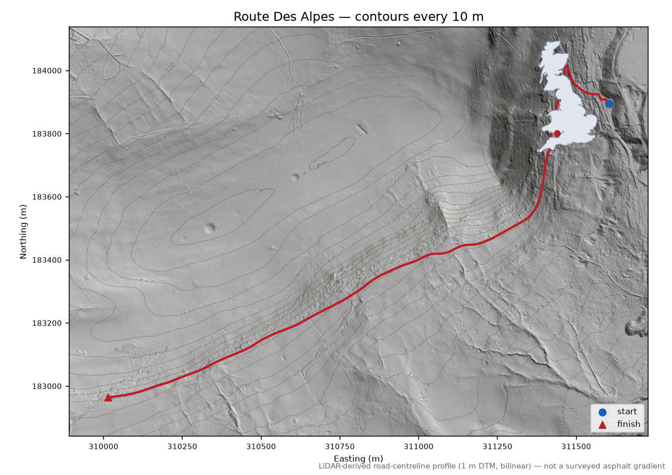 Route Des Alpes LiDAR hillshade map with contours