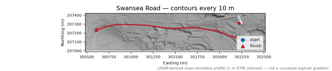 Swansea Road LiDAR hillshade map with contours