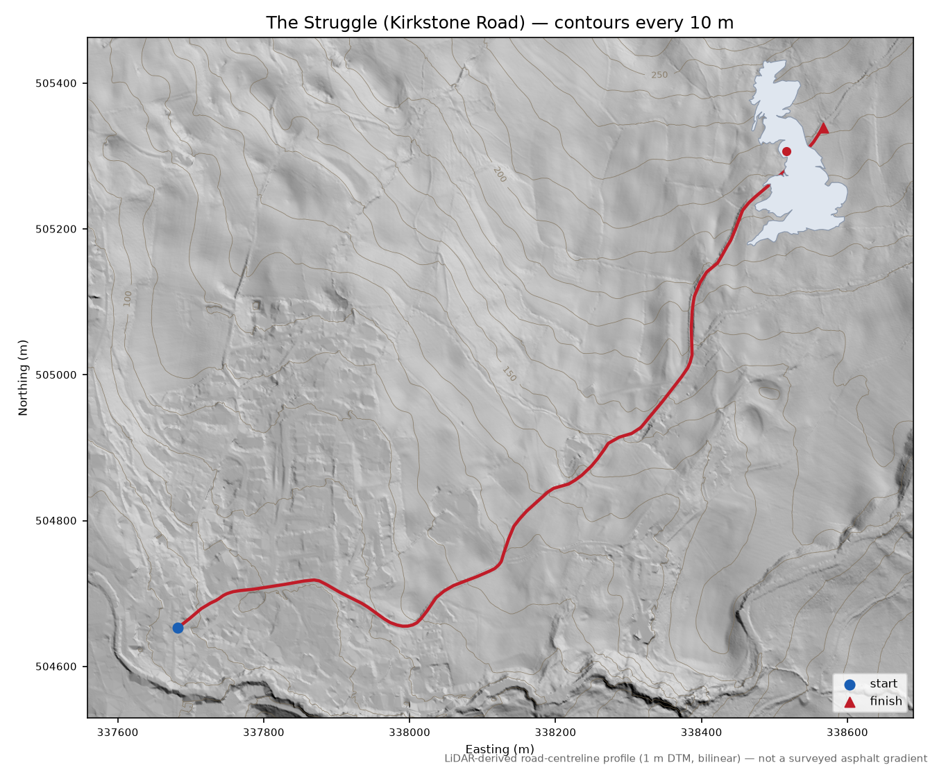 The Struggle (Kirkstone Road) LiDAR hillshade map with contours