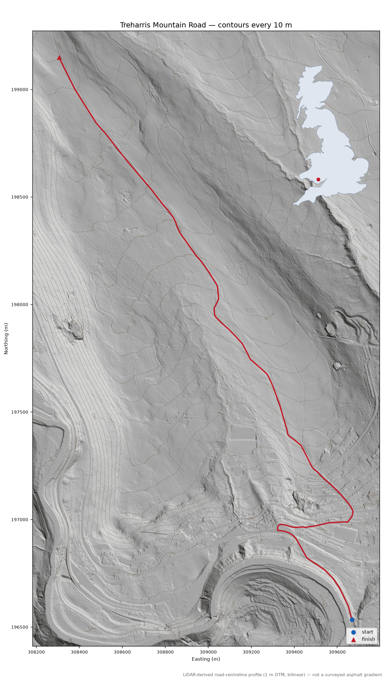 Treharris Mountain Road LiDAR hillshade map with contours