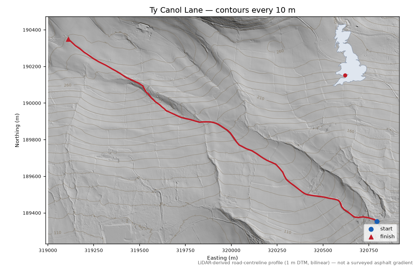 Ty Canol Lane LiDAR hillshade map with contours