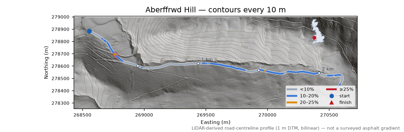 Aberffrwd Hill LiDAR hillshade map with contours