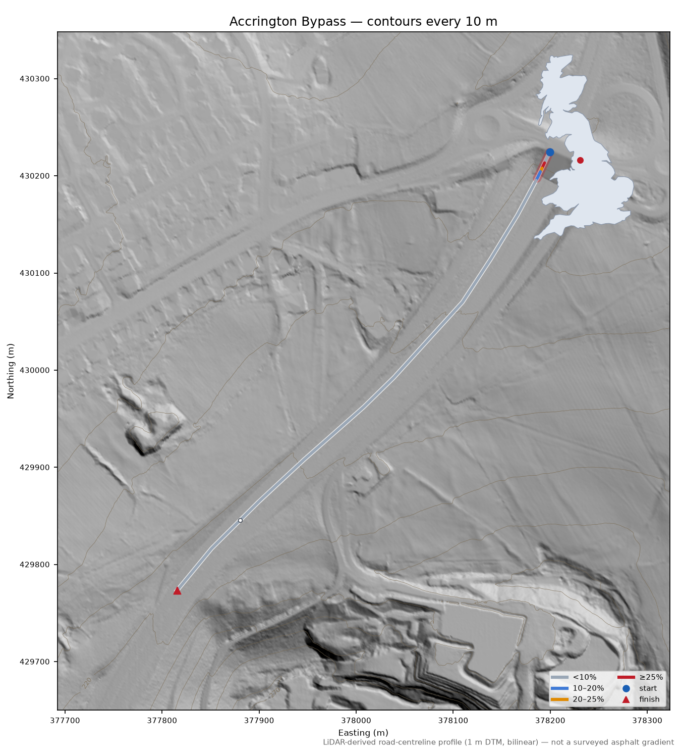 Accrington Bypass LiDAR hillshade map with contours