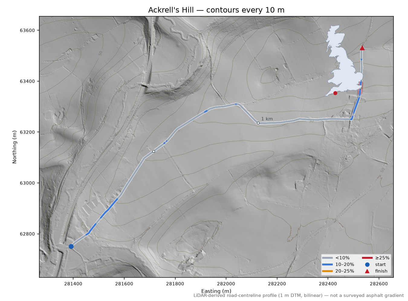 Ackrell's Hill LiDAR hillshade map with contours