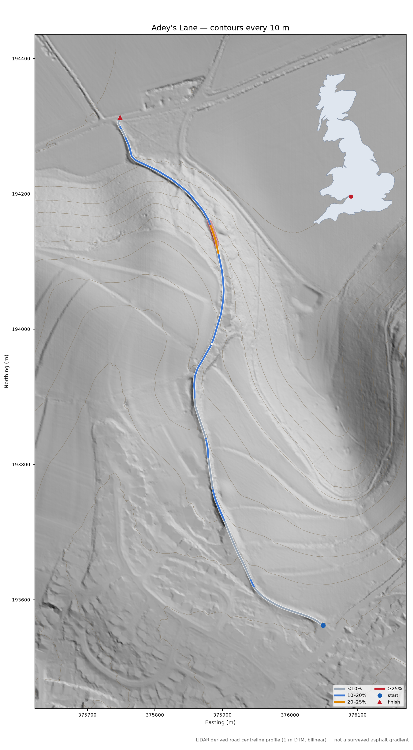 Adey's Lane LiDAR hillshade map with contours