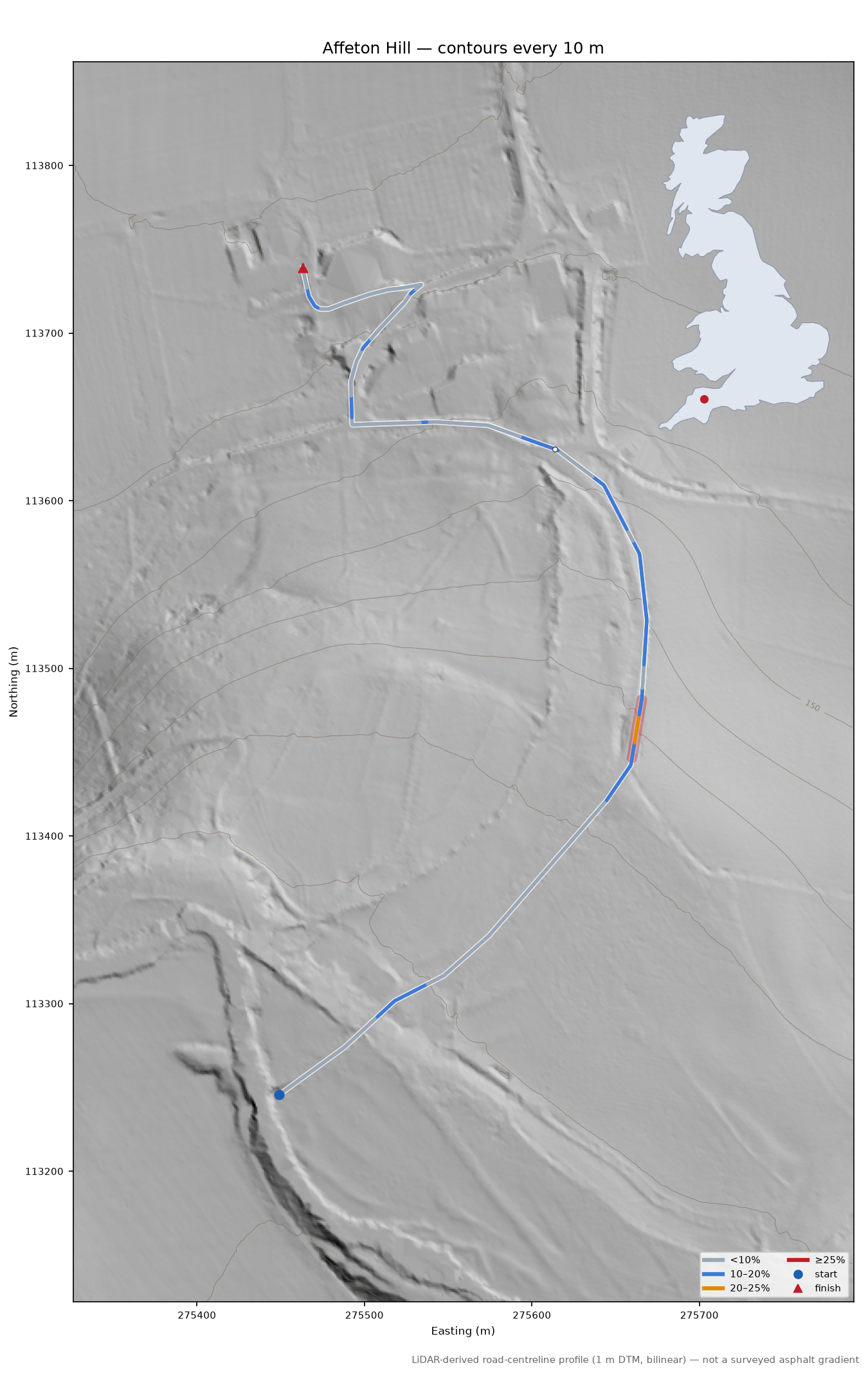 Affeton Hill LiDAR hillshade map with contours