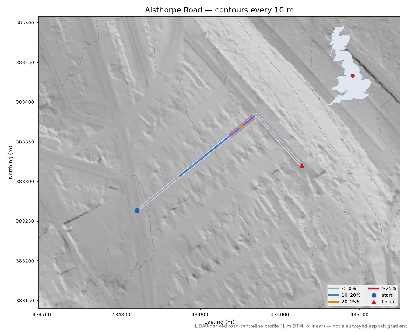Aisthorpe Road LiDAR hillshade map with contours