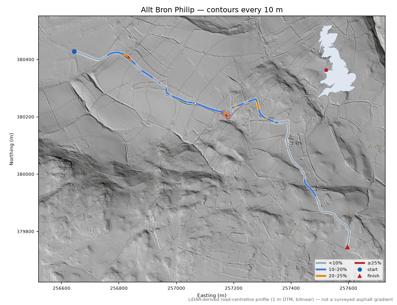 Allt Bron Philip LiDAR hillshade map with contours