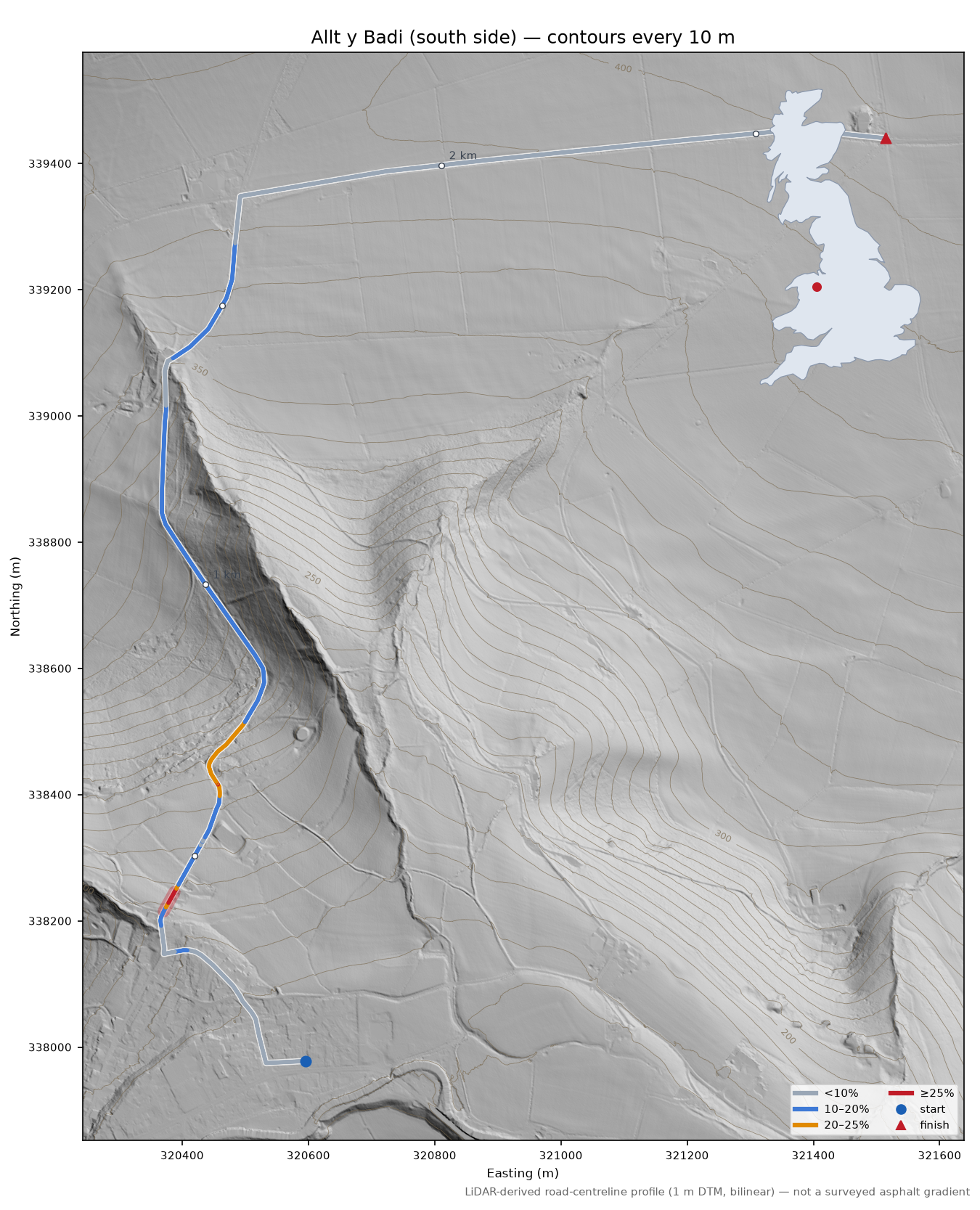 Allt y Badi (south side) LiDAR hillshade map with contours