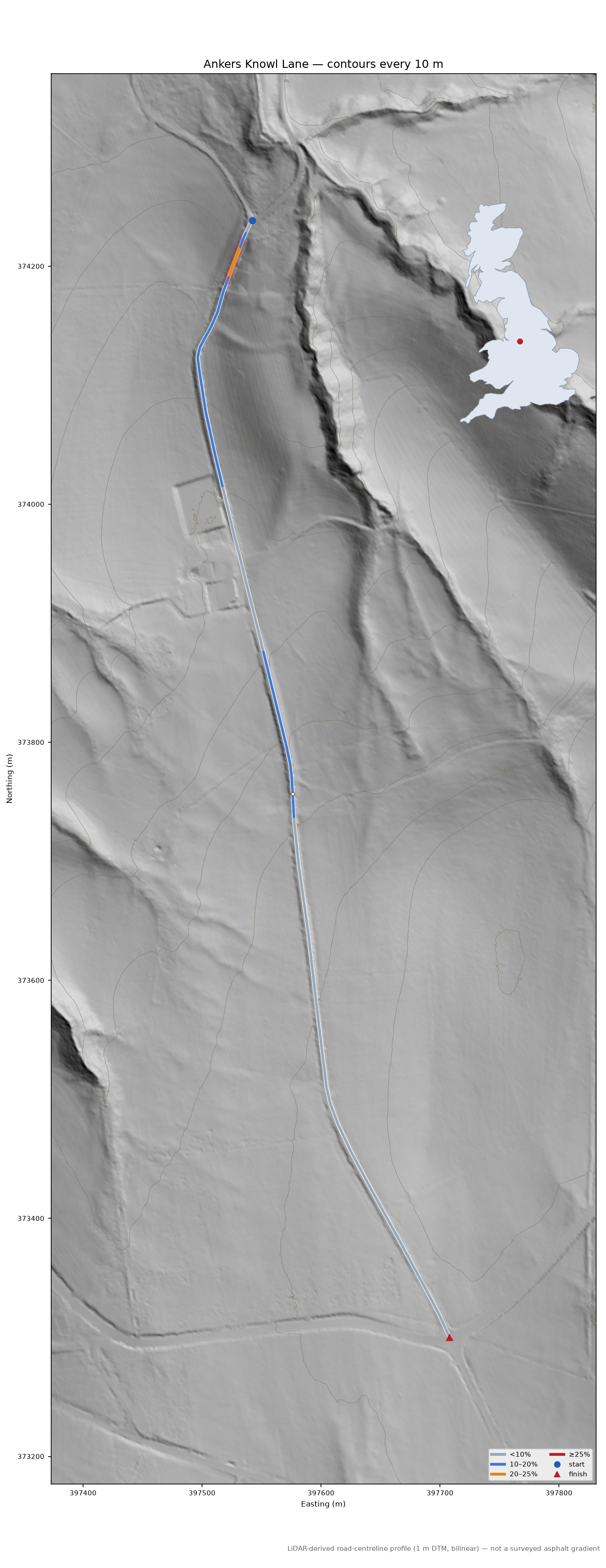 Ankers Knowl Lane LiDAR hillshade map with contours