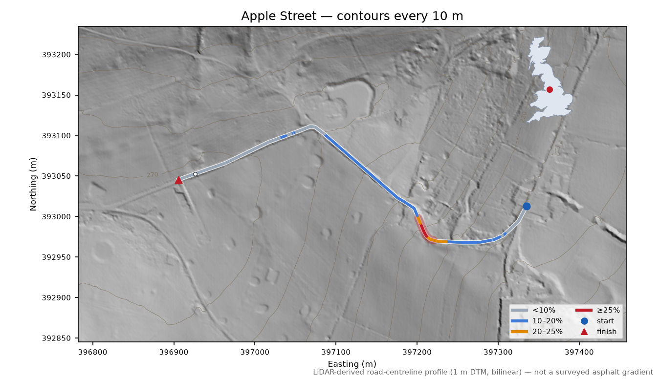 Apple Street LiDAR hillshade map with contours