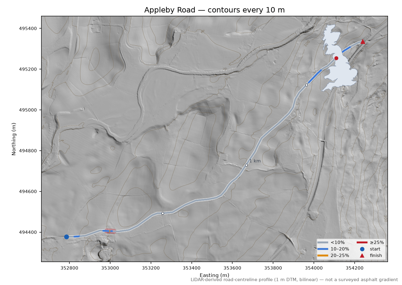 Appleby Road LiDAR hillshade map with contours