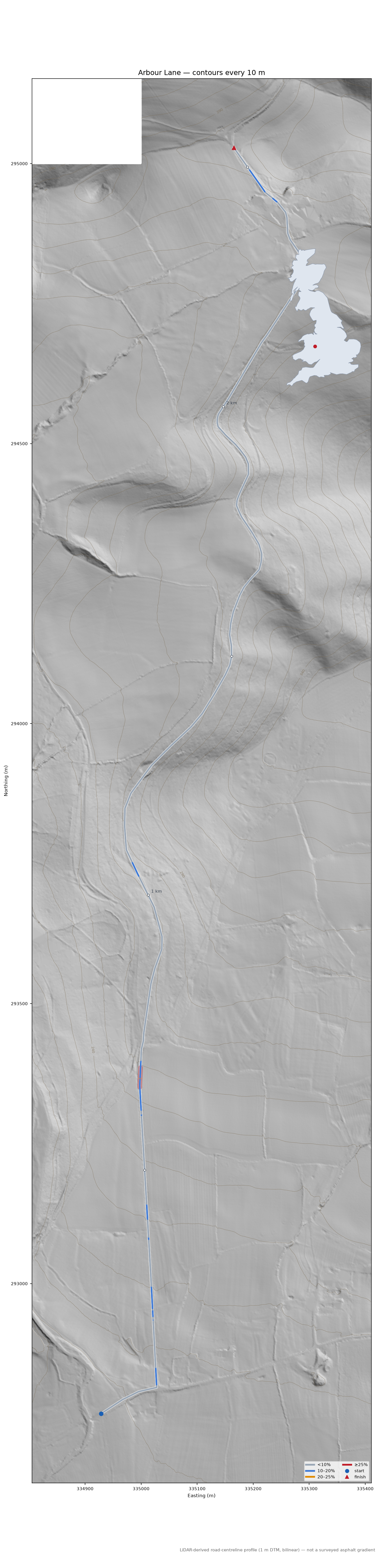 Arbour Lane LiDAR hillshade map with contours