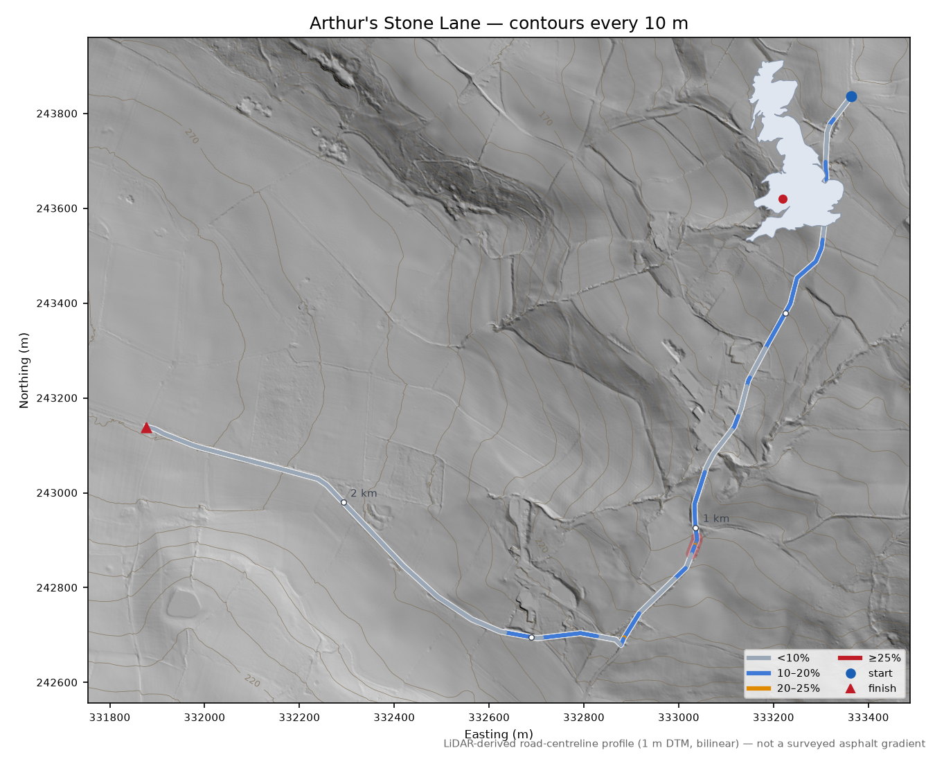 Arthur's Stone Lane LiDAR hillshade map with contours