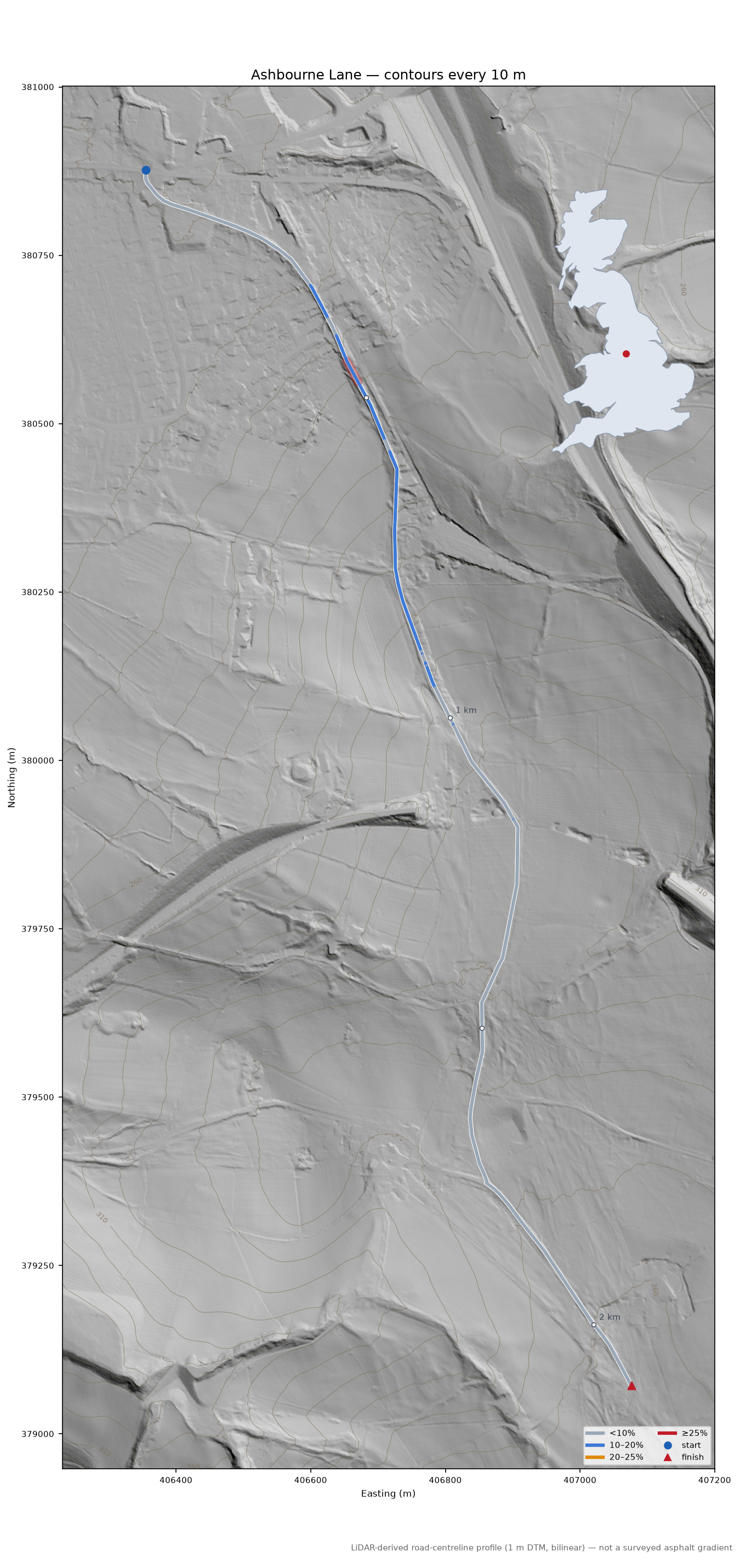 Ashbourne Lane LiDAR hillshade map with contours