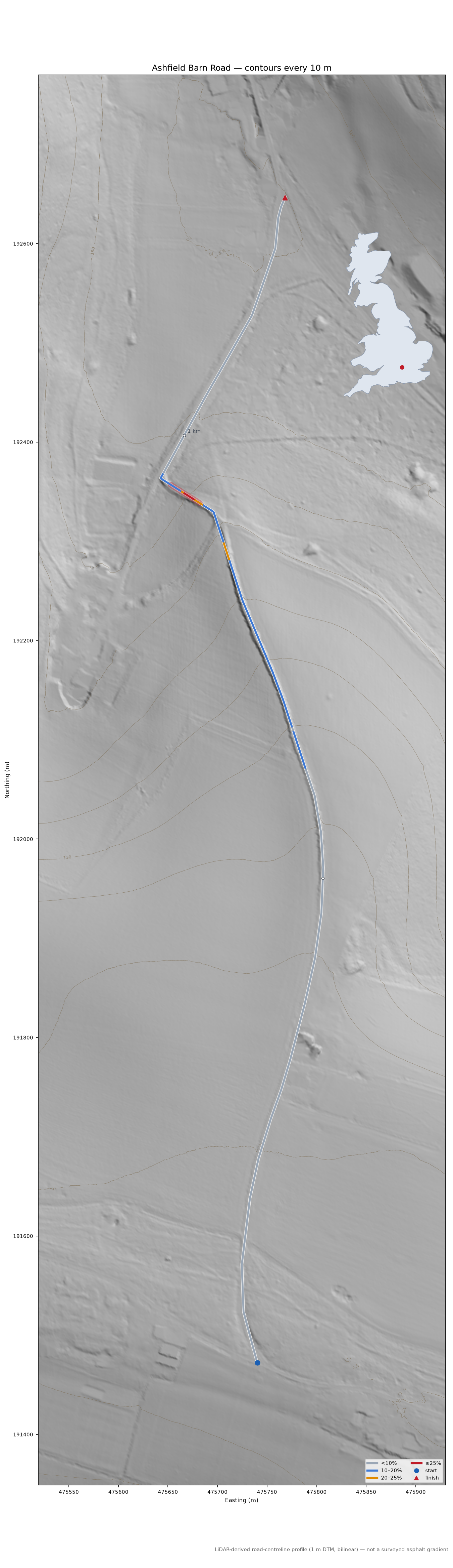 Ashfield Barn Road LiDAR hillshade map with contours