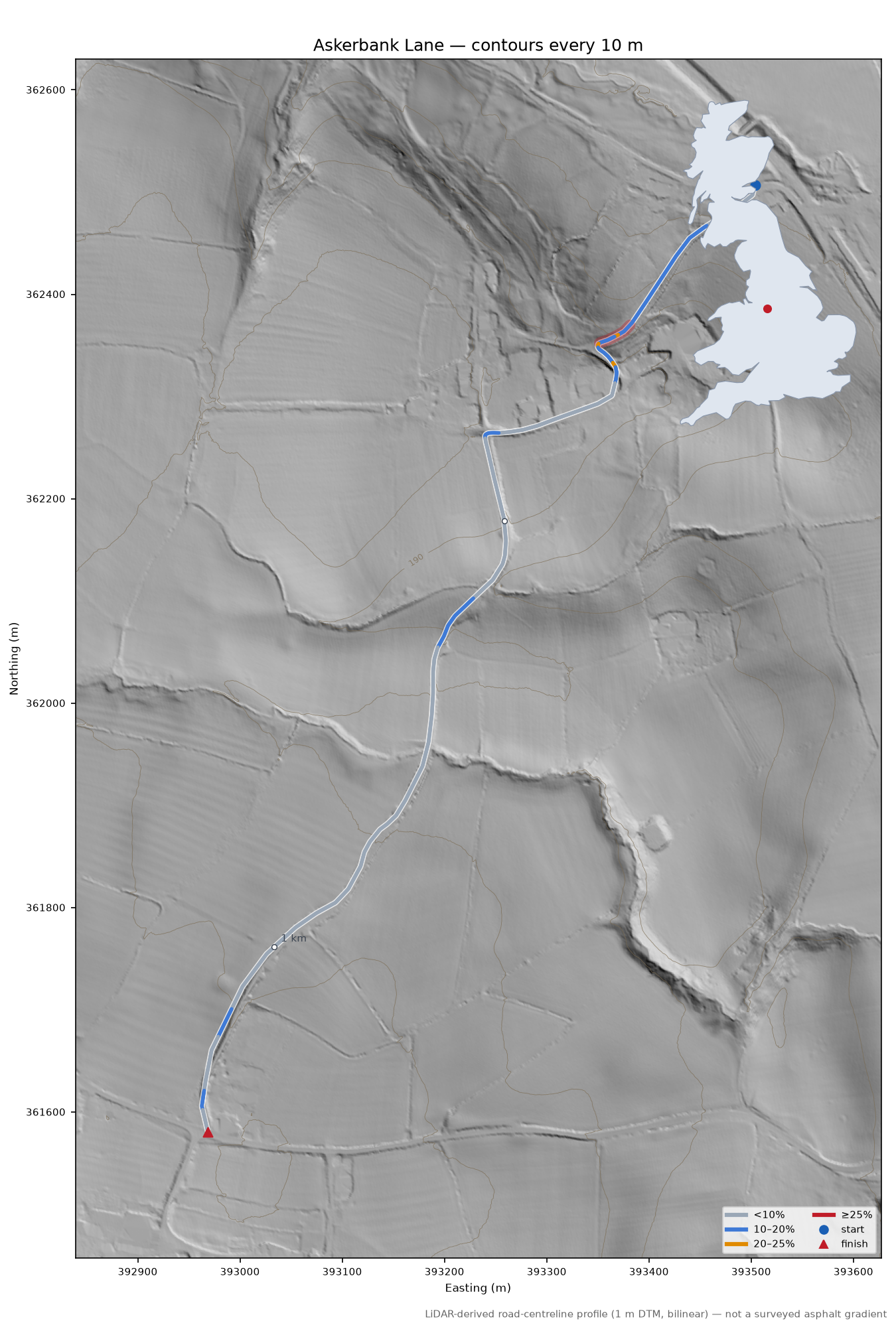 Askerbank Lane LiDAR hillshade map with contours