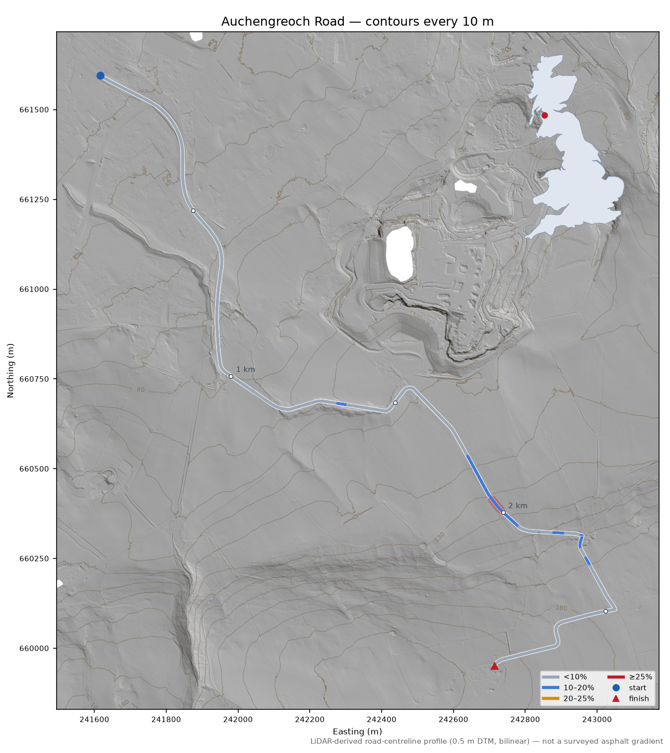 Auchengreoch Road LiDAR hillshade map with contours