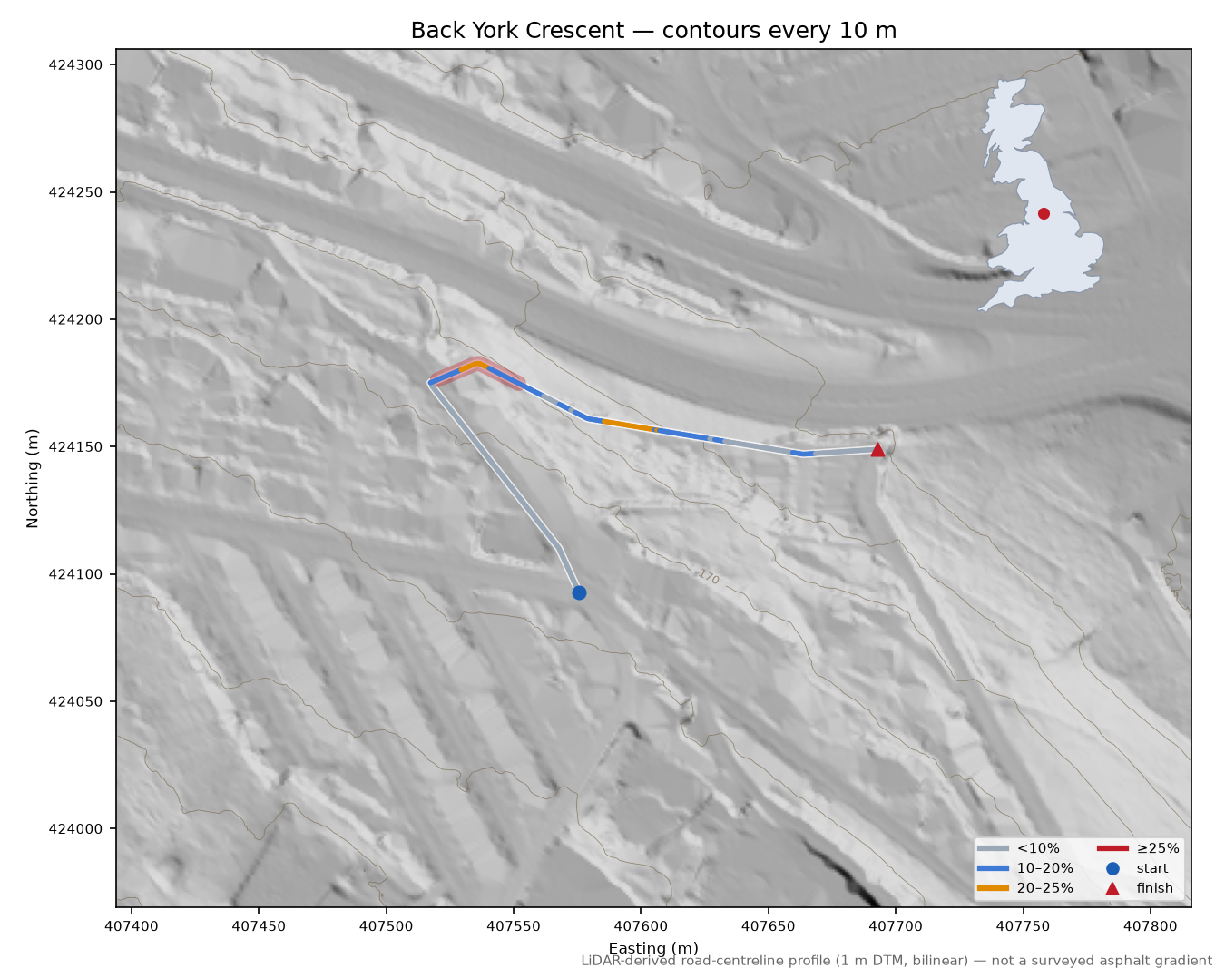 Back York Crescent LiDAR hillshade map with contours