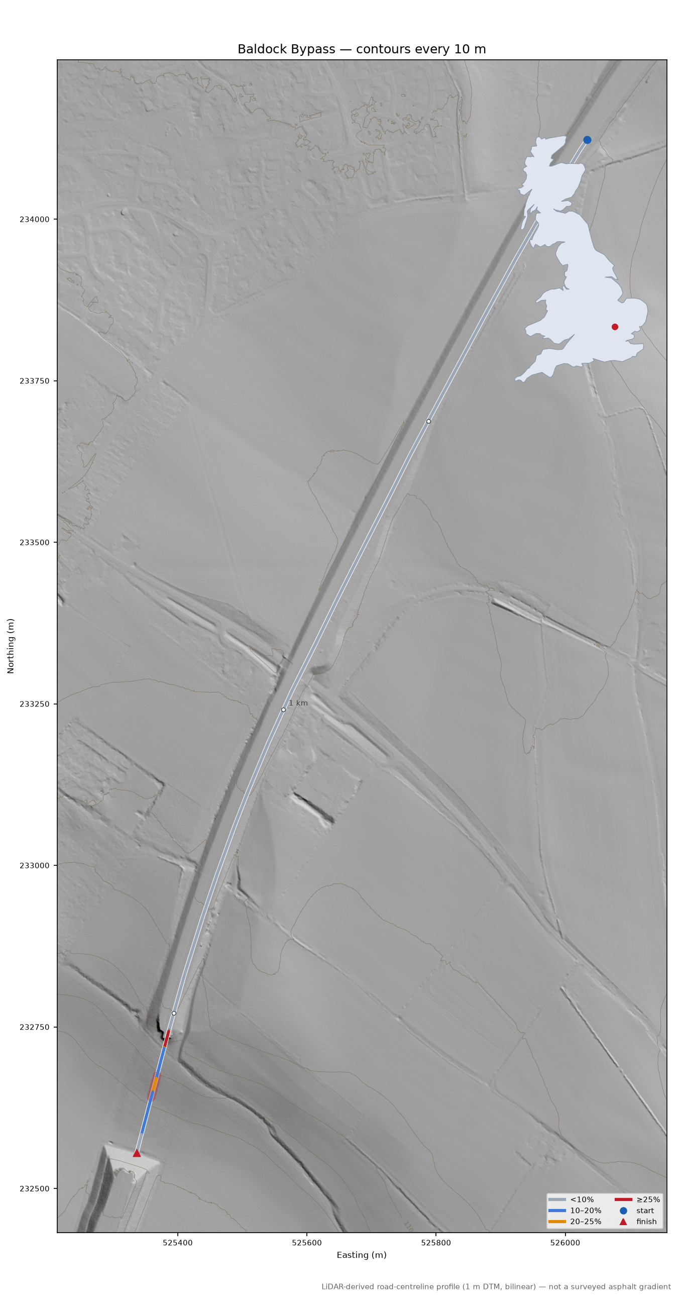 Baldock Bypass LiDAR hillshade map with contours