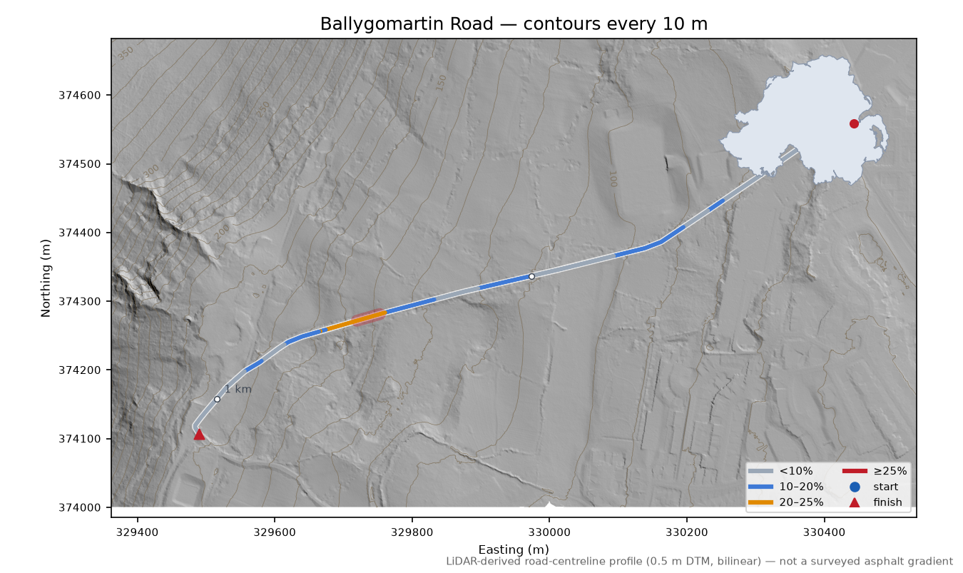 Ballygomartin Road LiDAR hillshade map with contours