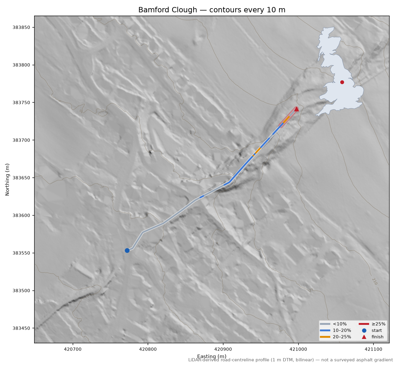 Bamford Clough LiDAR hillshade map with contours