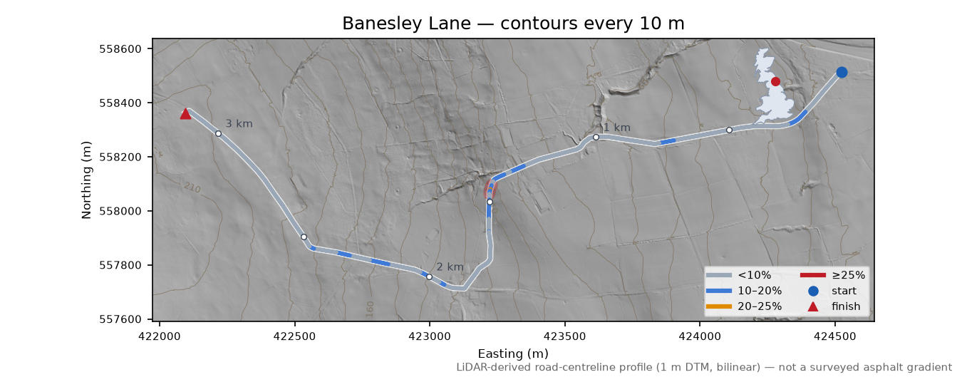 Banesley Lane LiDAR hillshade map with contours