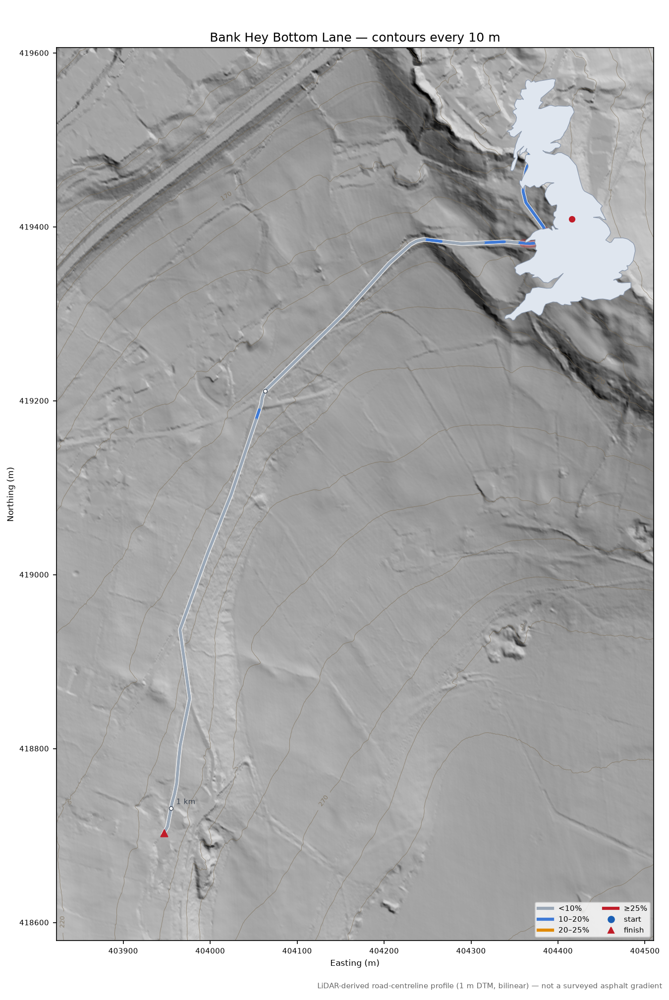 Bank Hey Bottom Lane LiDAR hillshade map with contours