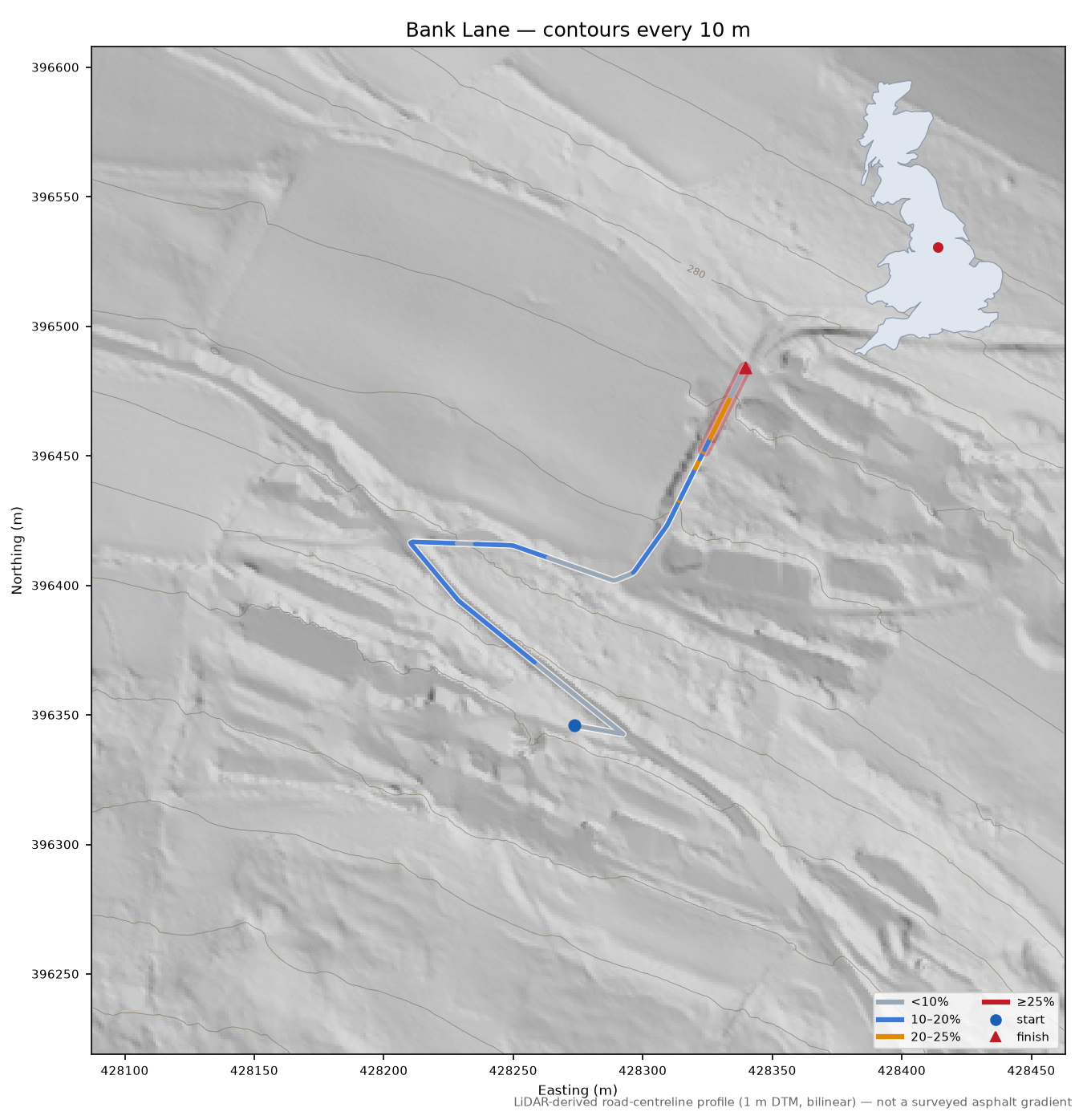 Bank Lane LiDAR hillshade map with contours